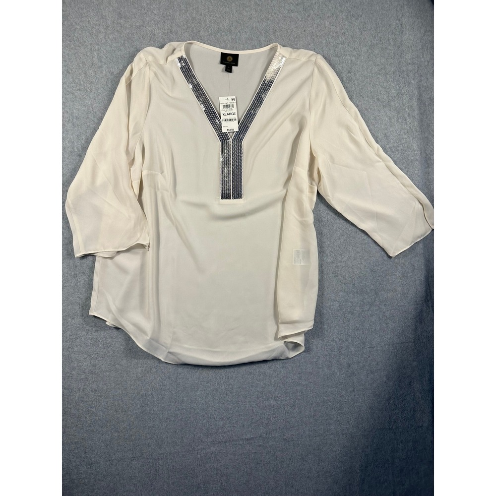 JM Collection Womens XL Neo Natural Sequin Trim V-Neck Blouse